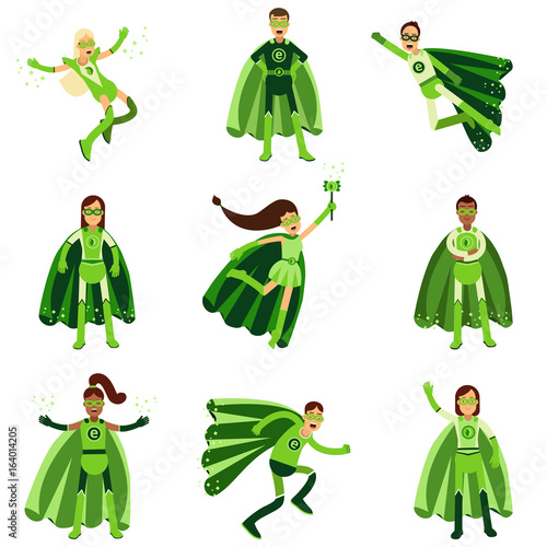 Male and female eco superheroes characters set, young people in different poses with green capes vector Illustrations