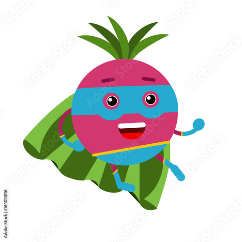 Cute cartoon radish superhero in mask and green cape, colorful humanized vegetable character vector Illustration