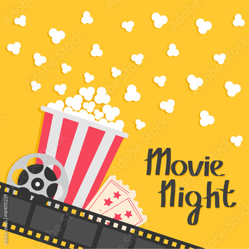 Popcorn popping. Big movie reel. Ticket Admit one. Three star. Cinema movie icon in flat design style. Film strip border. Red yellow strip box. Yellow background