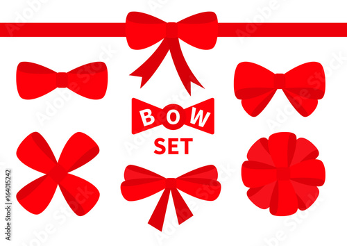 Red ribbon Christmas bow Big icon set. Decoration element for giftbox present. White background. Isolated. Flat design.