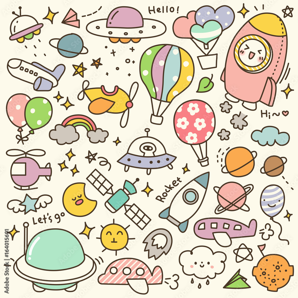 Set of Cute Air Transportation and Other Flying Objects Doodle