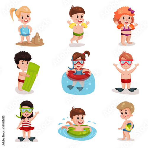 Cute cartoon kids playing at the beach set  boys and girls at summer vacation vector Illustrations