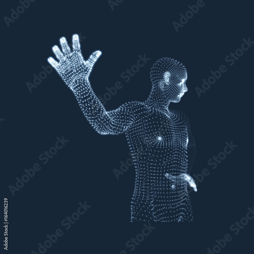 Fototapeta Naklejka Na Ścianę i Meble -  Vector man with hand up to stop. Human showing stop gesture. 3D model of man. 3D vector illustration.
