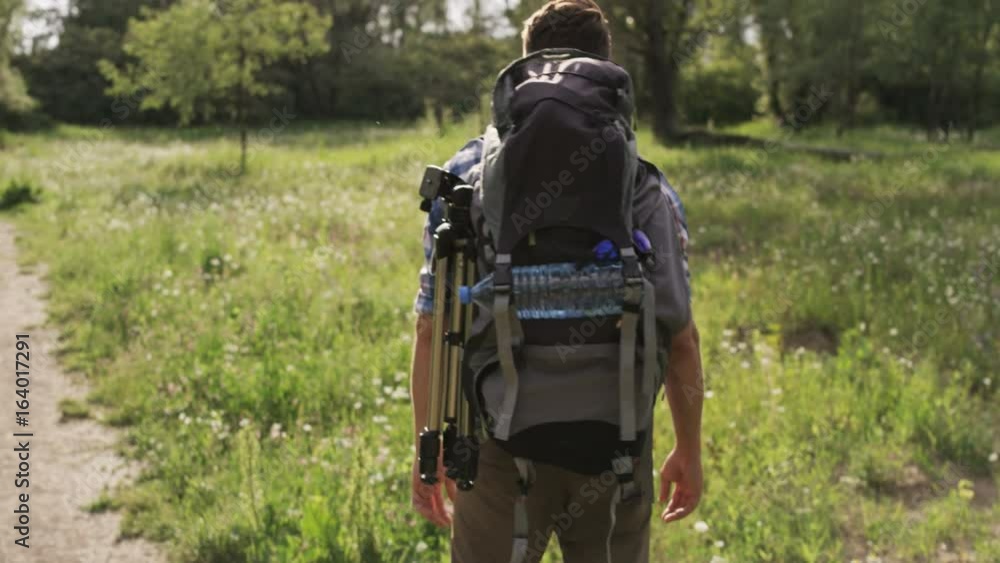 Man With a Backpack in the Woods Seen From the Back Man With a Backpack in the Woods Seen From the Back