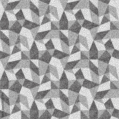Geometric triangles background. Mosaic. Black and white grainy dotwork design. Pointillism pattern. Stippled vector illustration.