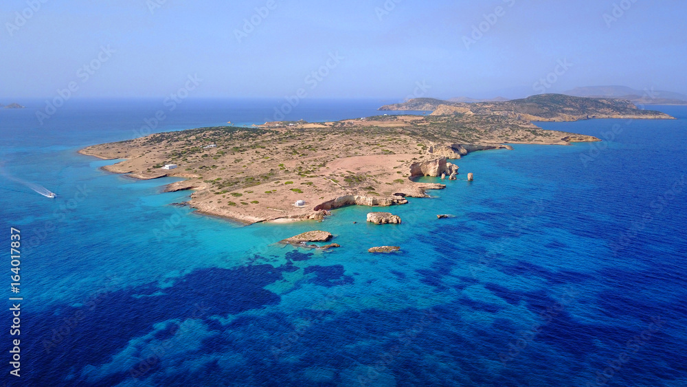 Aerial drone photo of kato Koufonissi island as seen from distance, small Cyclades, Aegean, Greece