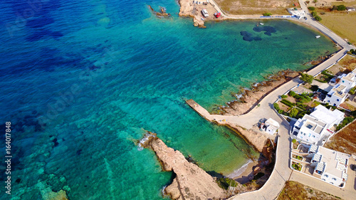 Aerial drone photo of small bay of Loutro with turquoise waters, Koufonissi island, small Cyclades, Aegean, Greece