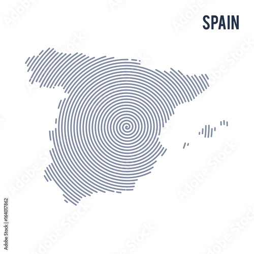 Vector abstract hatched map of Spain with spiral lines isolated on a white background.