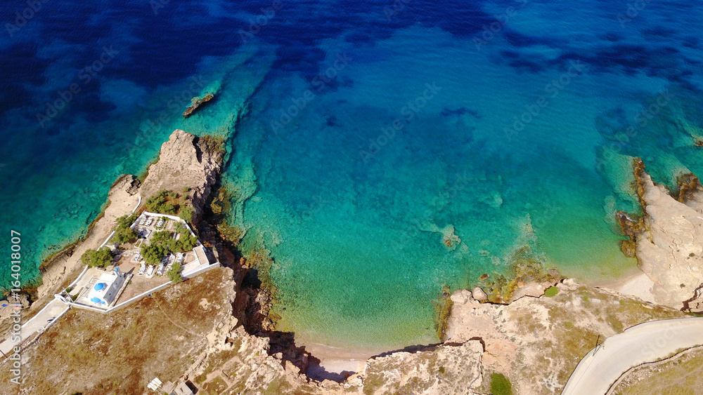 Aerial drone photo of small bay of Loutro with turquoise waters, Koufonissi island, small Cyclades, Aegean, Greece