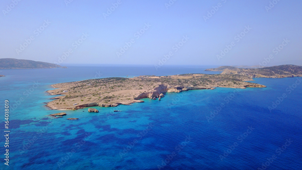 Aerial drone photo of kato Koufonissi island as seen from distance, small Cyclades, Aegean, Greece