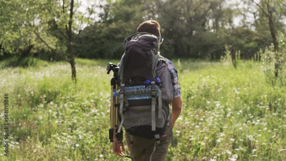 Young Man With a Backpack Hiking in the Woods Young Man With a Backpack Hiking in the Woods
