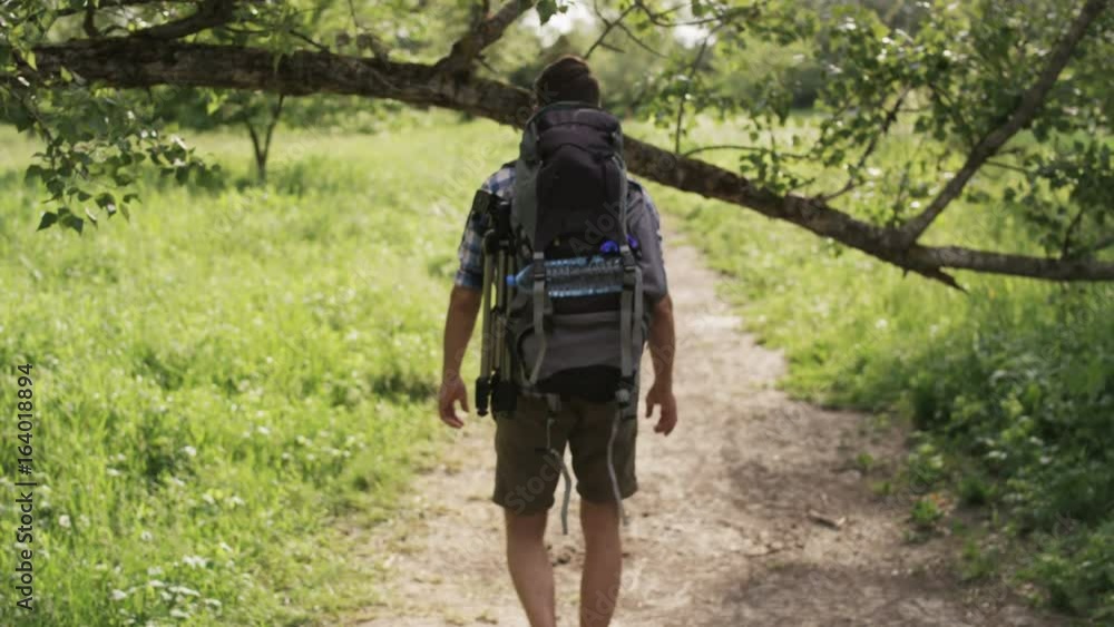 Man With a Backpack Walking Under a Large Tree Branch Man With a Backpack Walking Under a Large Tree Branch