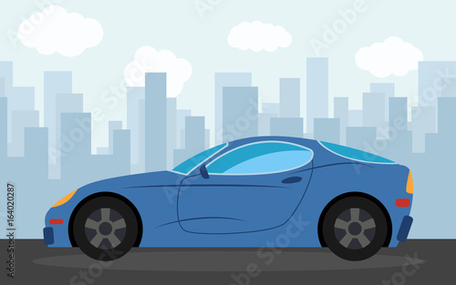 Fototapeta Naklejka Na Ścianę i Meble -  Blue sports car in the background of skyscrapers in the afternoon.  Vector illustration.
