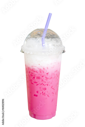 ice of strawberry sweet milk pink in takeaway cup on white background
