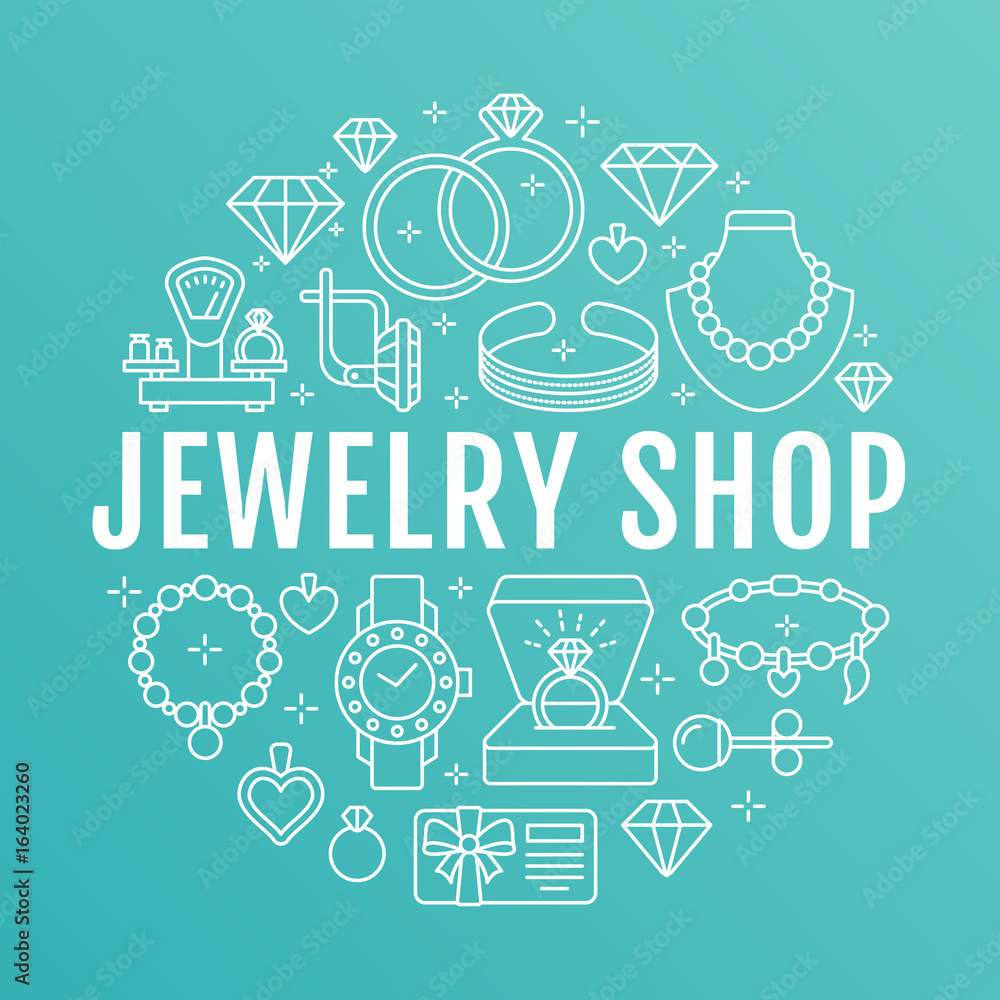 Jewelry shop, diamond accessories banner illustration. Vector line icon of jewels - gold engagement rings, gem earrings, silver necklaces, charms bracelets, brilliants. Fashion store circle template.