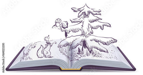 Fox and Crow story. Open book fable illustration