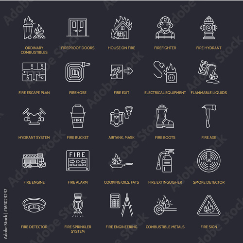 Firefighting, fire safety equipment flat line icons. Firefighter, fire engine extinguisher, smoke detector, house, danger signs, firehose. Flame protection thin linear pictogram.