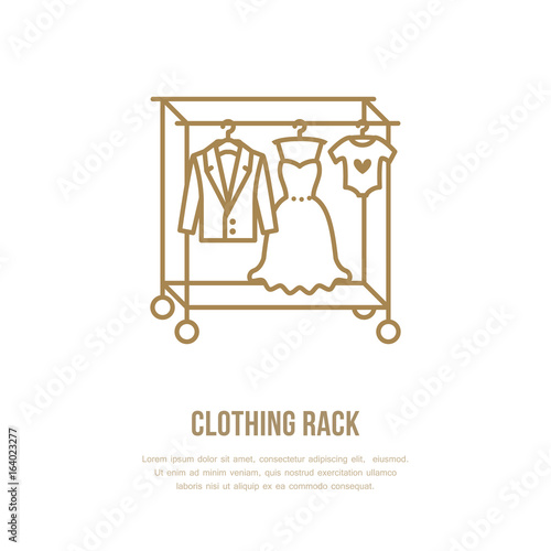 Wedding dress, men suit, kids clothes on hanger icon, clothing rack line logo. Flat sign for apparel collection. Logotype for laundry shop, dry cleaning, retail store.
