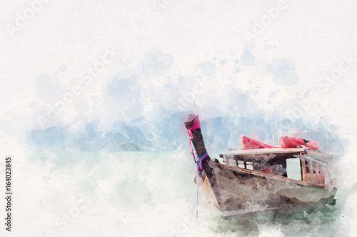 Thai style fishing boat with water paint or aquarelle effect photo