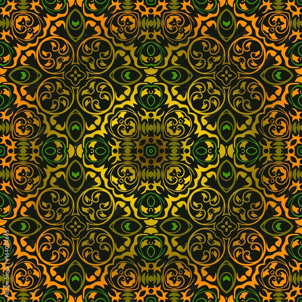 Ornate decor golden floral seamless fishnet pattern from green ornate lines. Luxury ornament in Eastern style. Ornate decor golden floral seamless fishnet pattern from green ornate lines. Luxury ornament in Eastern style.