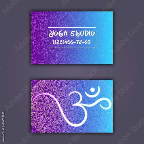 Business card for yoga studio or yoga instructor. Ethnic background with mandala ornament and ohm