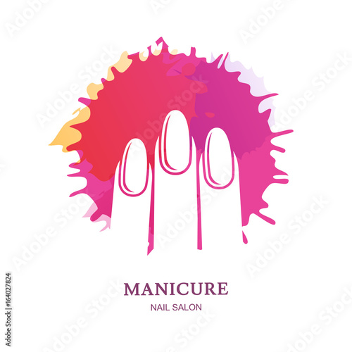 Female hand in pink nail polish splash, isolated on white background. Vector logo, label, emblem design elements. Concept for beauty salon, manicure, cosmetic and hand care.