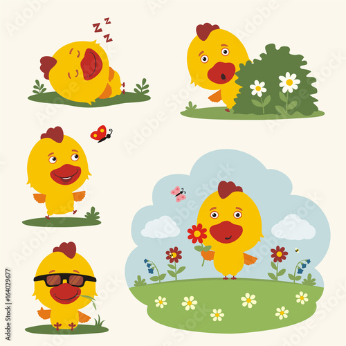 Summer time. Set happy chicken resting on beach. Collection cartoon chicken surfing, laying under palm tree, resting in sun lounger with cocktail.