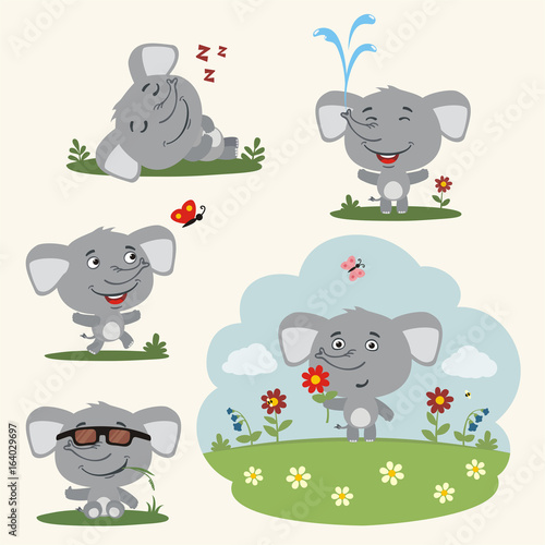 Summer time. Set happy elephant resting on beach. Collection cartoon elephant surfing, laying under palm tree, resting in sun lounger with cocktail.