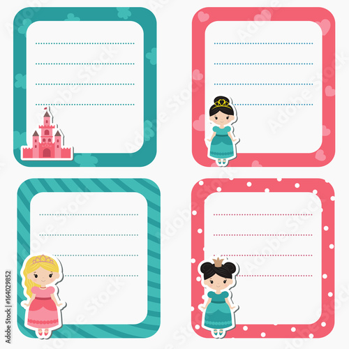 Cute cards, notes, stickers, labels, tags with princess theme design.