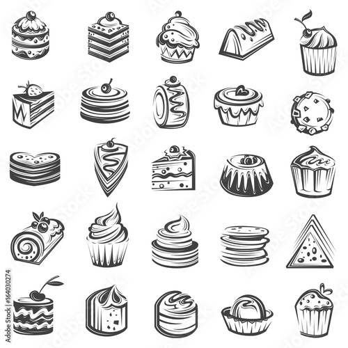 monochrome collection of cakes and cupcakes