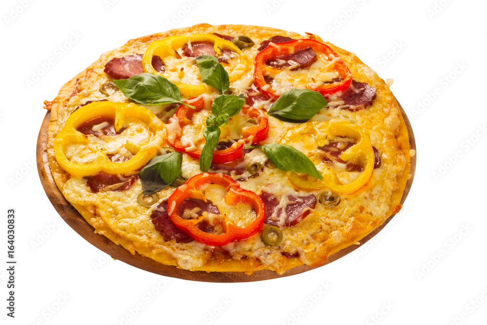 Delicious pizza served on wooden plate isolated on white Delicious pizza served on wooden plate isolated on white