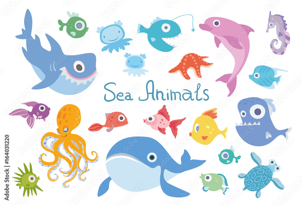 Cartoon sea animals set. Whale, shark, dolphin, octopus, turtle and other marine fish and animals. Vector illustration, isolated on white background. Cartoon sea animals set. Whale, shark, dolphin, octopus, turtle and other marine fish and animals. Vector illustration, isolated on white background.
