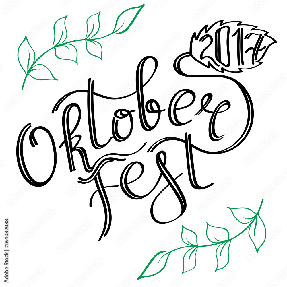 Obraz premium Vector illustration of Oktoberfest logo. Oktoberfest celebration design on textured background. Lettering typography with floral frame. Hand sketched Oktoberfest icon. Beer festival decoration badge