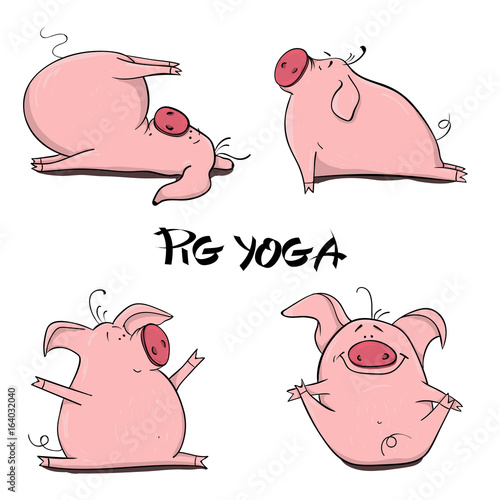 Set of cute piglets in various yoga poses. Vector