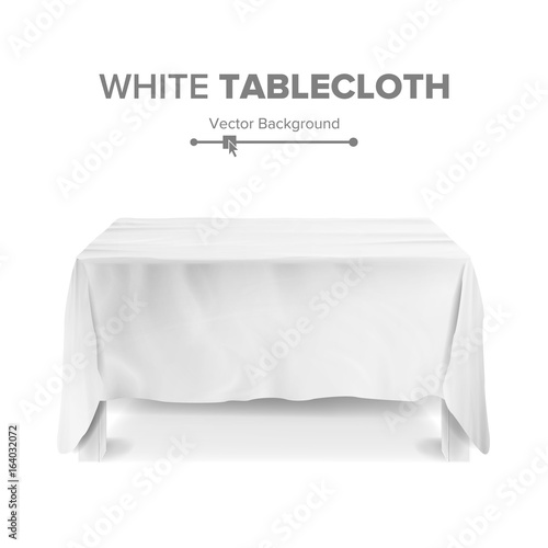 White Table With Tablecloth Vector. Empty 3D Rectangular Table Isolated. Illustration