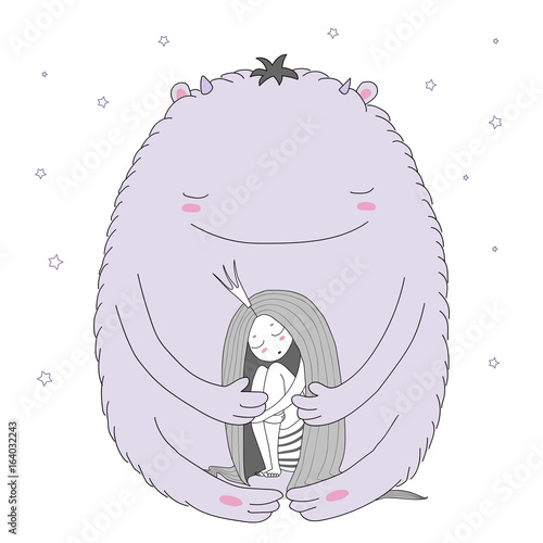 Hand drawn vector illustration of sleeping princess with long hair and cute moster among the stars.