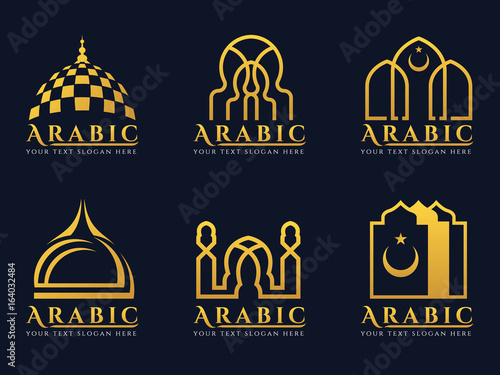 Gold Arabic doors and mosque architecture art logo vector set design