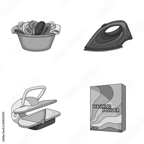 A bowl with laundry, iron, ironing press, washing powder. Dry cleaning set collection icons in monochrome style vector symbol stock illustration web.