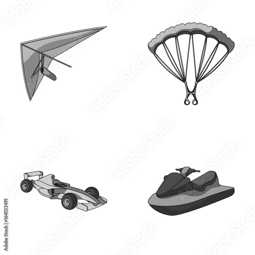 Hang glider, parachute, racing car, water scooter.Extreme sport set collection icons in monochrome style vector symbol stock illustration web.