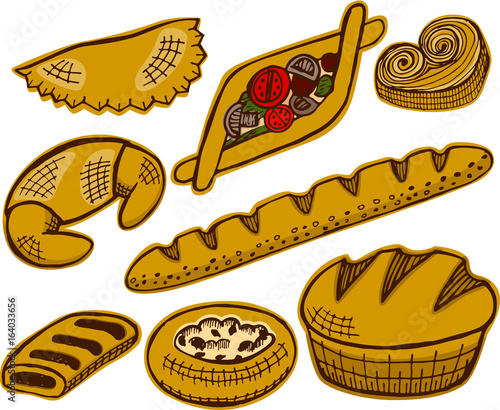 Vector illustration of fresh baking for bakery shop. Bun, cake, strudel, stuffed pie, bread, baguette, loaf, croissant. 