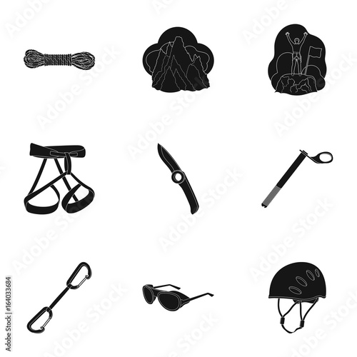 Ice ax, conquered top, mountains in the clouds and other equipment for mountaineering.Mountaineering set collection icons in black style vector symbol stock illustration web.