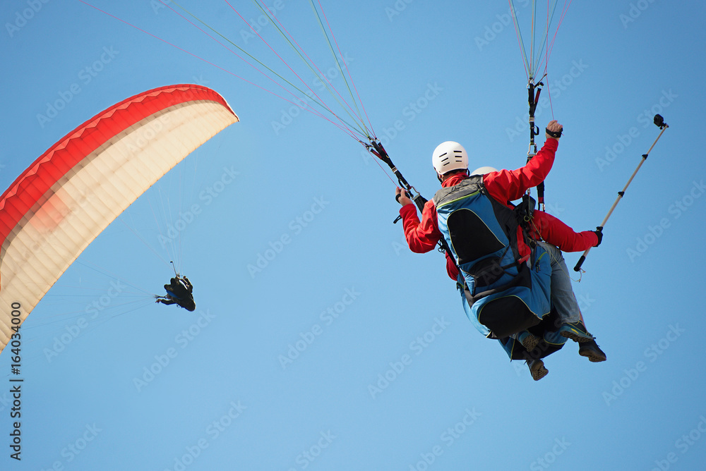 Two paraglider tandem fly against the blue sky,tandem paragliding guided by a pilot - obrazy, fototapety, plakaty 