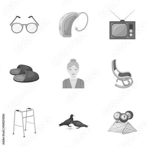 Armchair, slippers, tonometer and other attributes of old age.Old age set collection icons in monochrome style vector symbol stock illustration web.