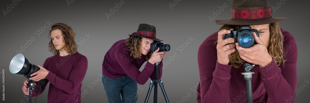 Photographer using the camera collage against grey background