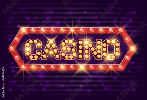 Casino poster vintage style. Casino banner with glowing lamps for online casino, poker, roulette, slot machines, card games. Vector illustrator.
