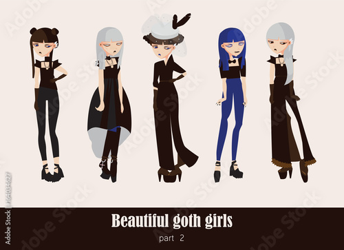 Vector set with isolated on background gothic girls. Goth clothes in dark colors, with different accessories, various hairstyle and posing. Serious characters