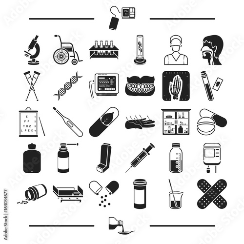 medicine, prevention, pharmacy and other web icon in black stylesyrup, equipment, treatment, icons in set collection.