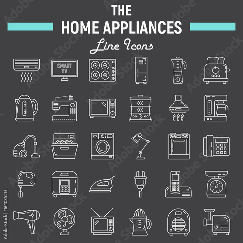 Home appliances line icon set, technology symbols collection, vector sketches, logo illustrations, household linear pictograms package isolated on black background, eps 10.