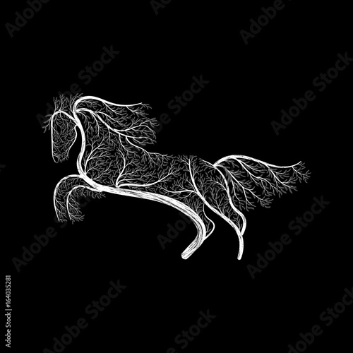 Stylized drawing of a prancing horse; Bushes, branches and leaves