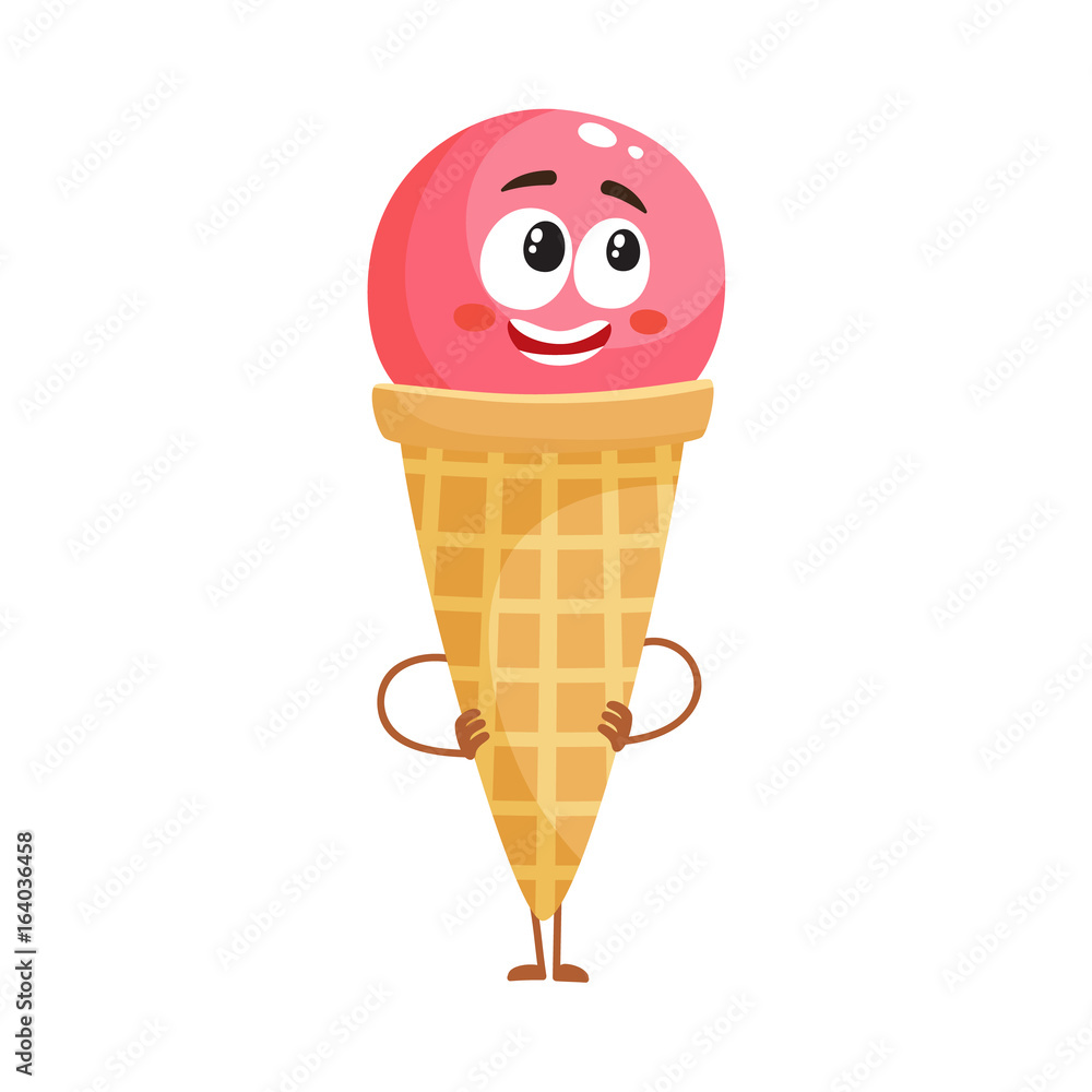Funny strawberry ice cream character in wafer cone with smiling face, cartoon style vector illustration isolated on white background. Cute smiley strawberry ice cream cone character with eyes and legs Funny strawberry ice cream character in wafer cone with smiling face, cartoon style vector illustration isolated on white background. Cute smiley strawberry ice cream cone character with eyes and legs